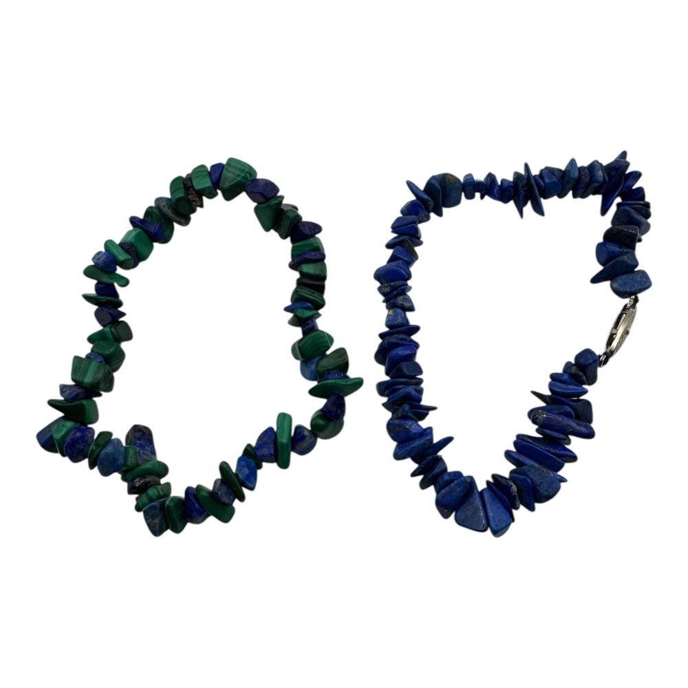 Vintage Gemstone Chip Bracelets – Lapis Lazuli‎ & Malachite-Azurite Stretch Set